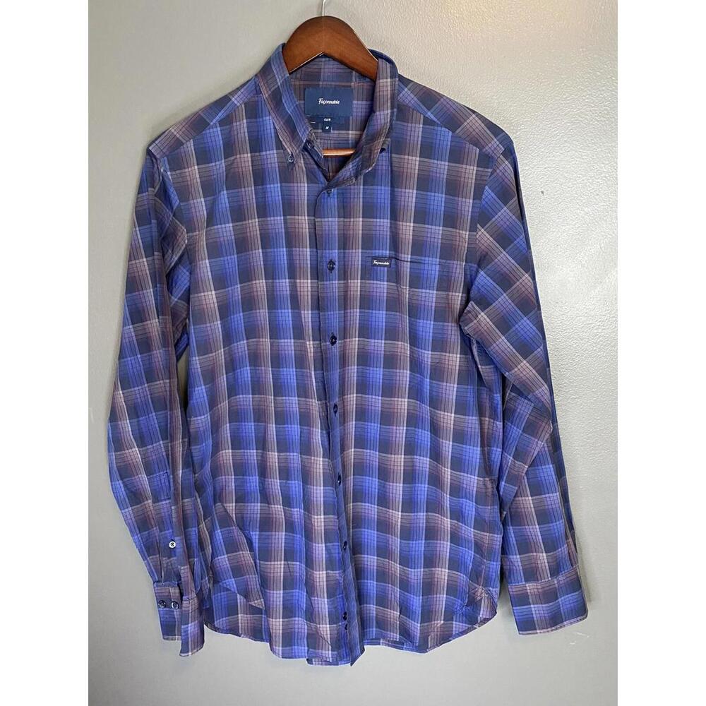 FACONNABLE Club Button-Down Shirt M Blue Plaid Cotton Long Sleeve Preppy. - Picture 11 of 11